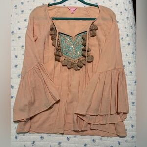 Lilly Pulitzer Peach Bohemian Blouse with Tassel Detail Size Small